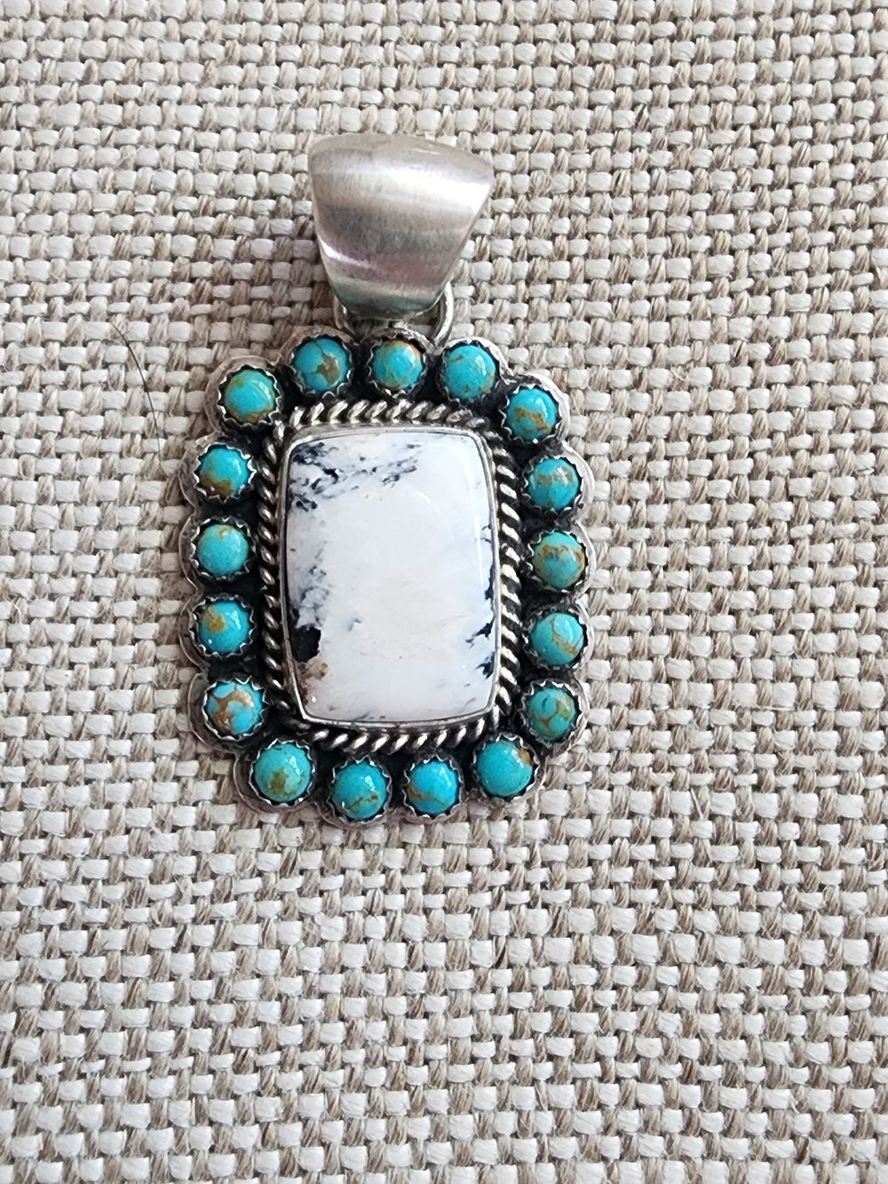 Sterling Silver White Buffalo and Turquoise Pendant By Navajo Artist